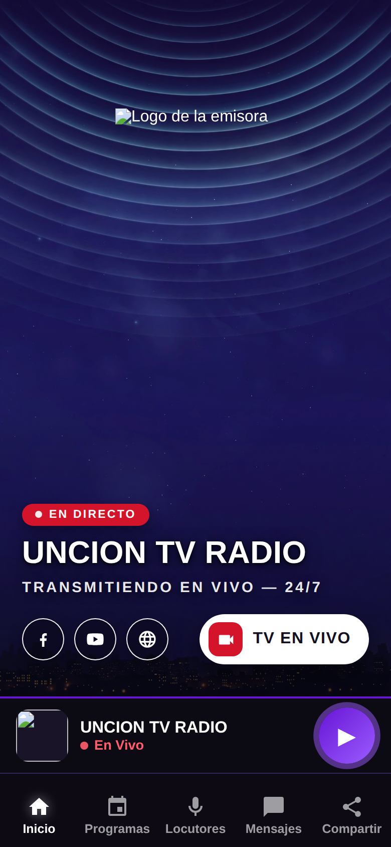 Pantalla de inicio de la app